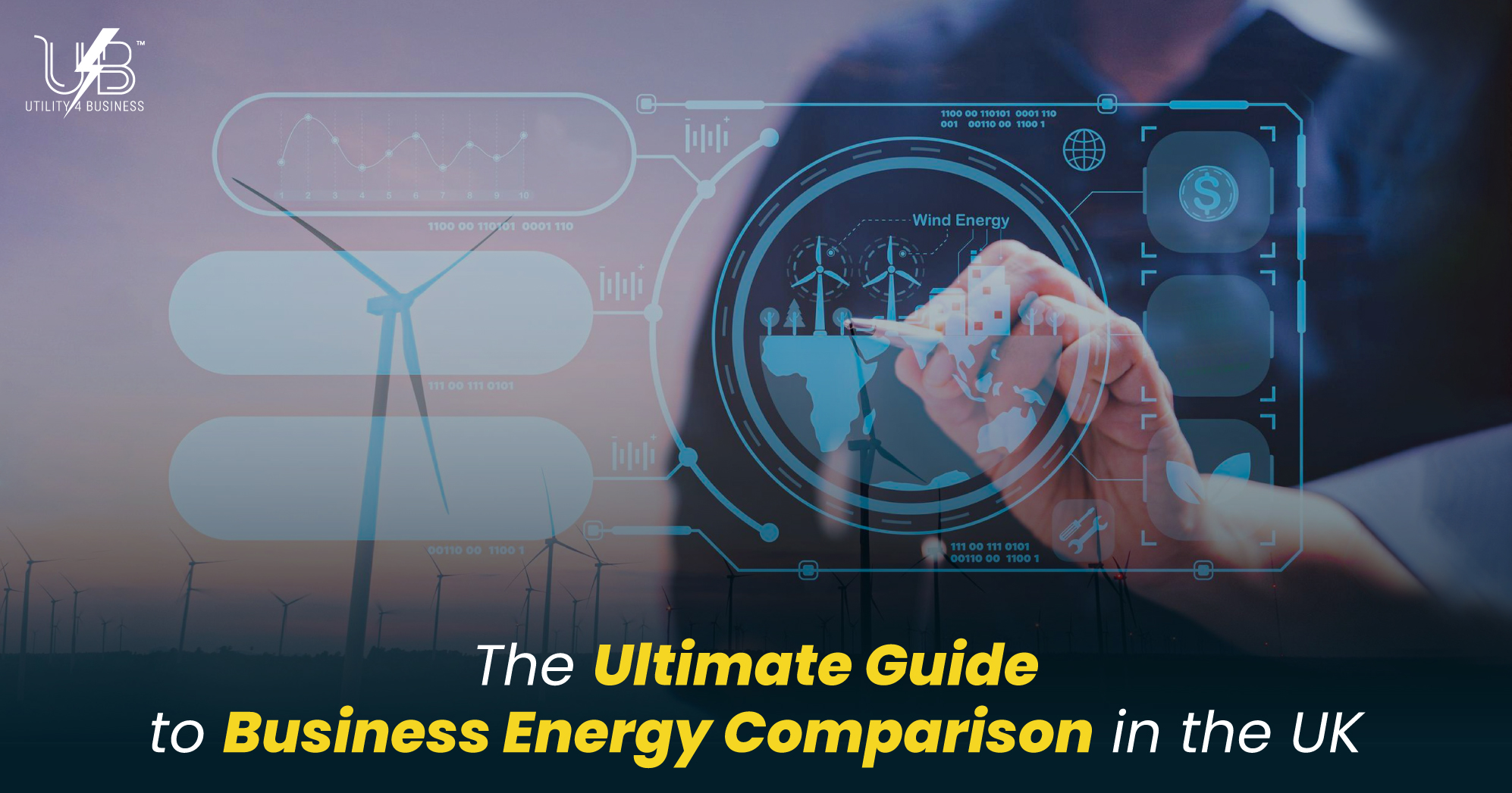 Business Energy Comparison in the UK with wind turbines and data dashboard helping firms compare energy